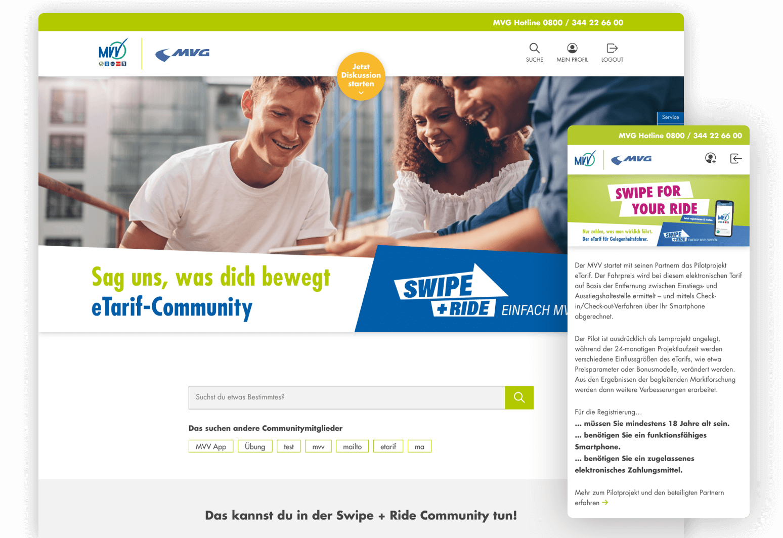 CommunityWebsite „SWIPE+RIDE. Einfach MVV fahren.“